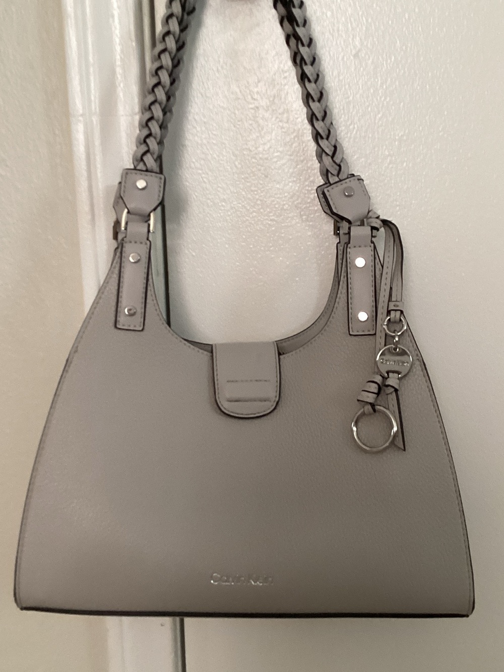 Calvin Klein Light Gray Leather Shoulder Bag with Braided Handles
